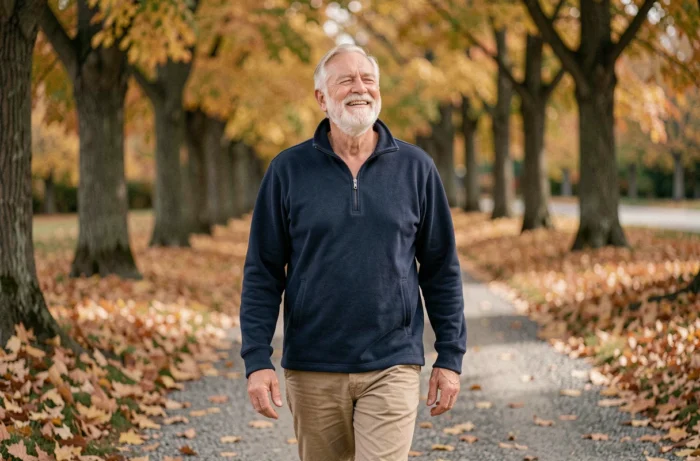Senior homme marchant paisiblement dans un parc en automne, activité physique douce recommandée pour les personnes âgées