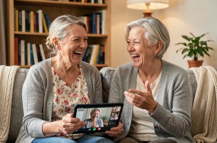 Deux femmes seniors riant ensemble et utilisant une tablette numérique, illustrant le lien social et la technologie pour les aînés