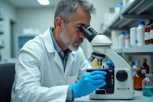 Technicien de laboratoire médical examinant des globules rouges au microscope dans un laboratoire clinique