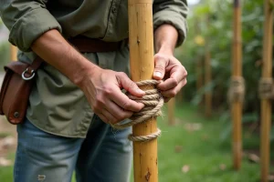 Homme d age moyen tissant du bambou avec corde naturelle