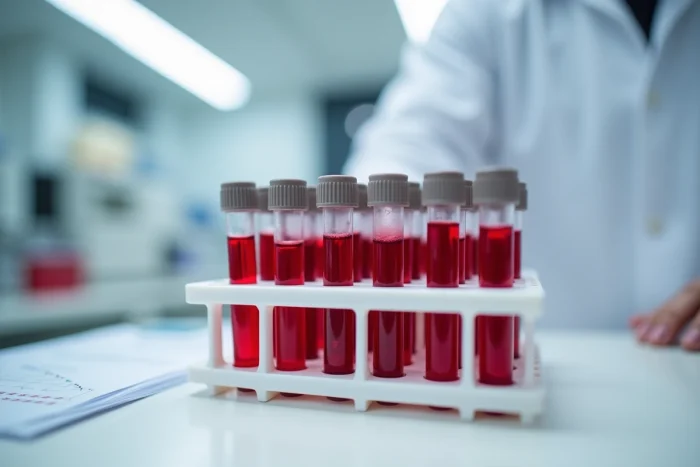 Tubes d'échantillons sanguins dans un laboratoire d'analyse pour l'étude des globules rouges et des effets de l'alcool