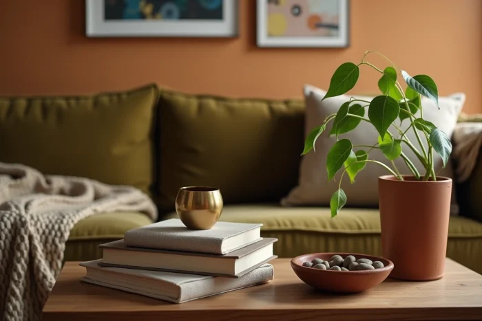 Composition décorative sur une table en bois vintage avec des livres en lin, un bougeoir en laiton et une plante pothos dans un salon éclectique chaleureux